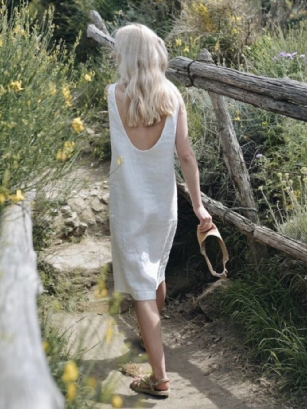 Linenfox 100% Linen White Monstera Midi Slip Dress